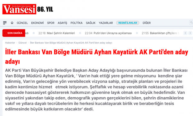 İller Bankası Van Bölge Müdürü Ayhan Kayatürk AK Parti'den aday adayı